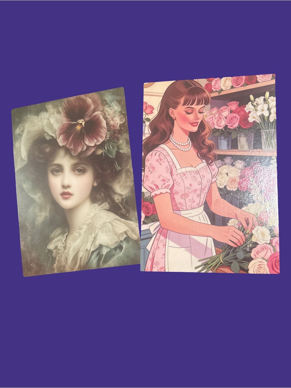 Vintage Floral Art Prints - Romantic Portrait & Flower Shop Illustration